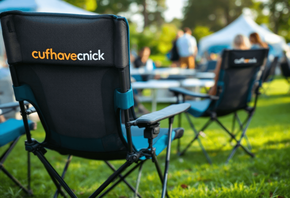 chaises publicitaires personnalisées disposées dans lounge événement extérieur