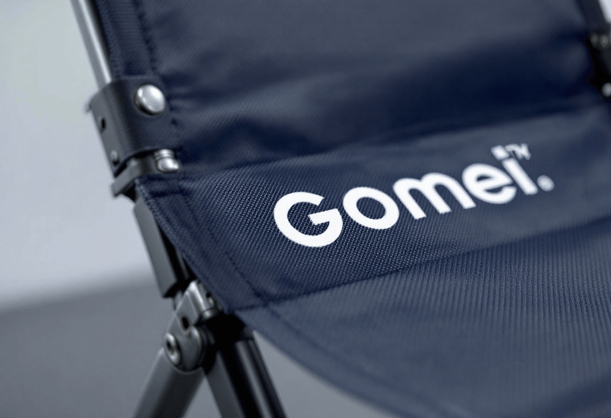 gros plan tissu imprimé et logo sur chaise publicitaire